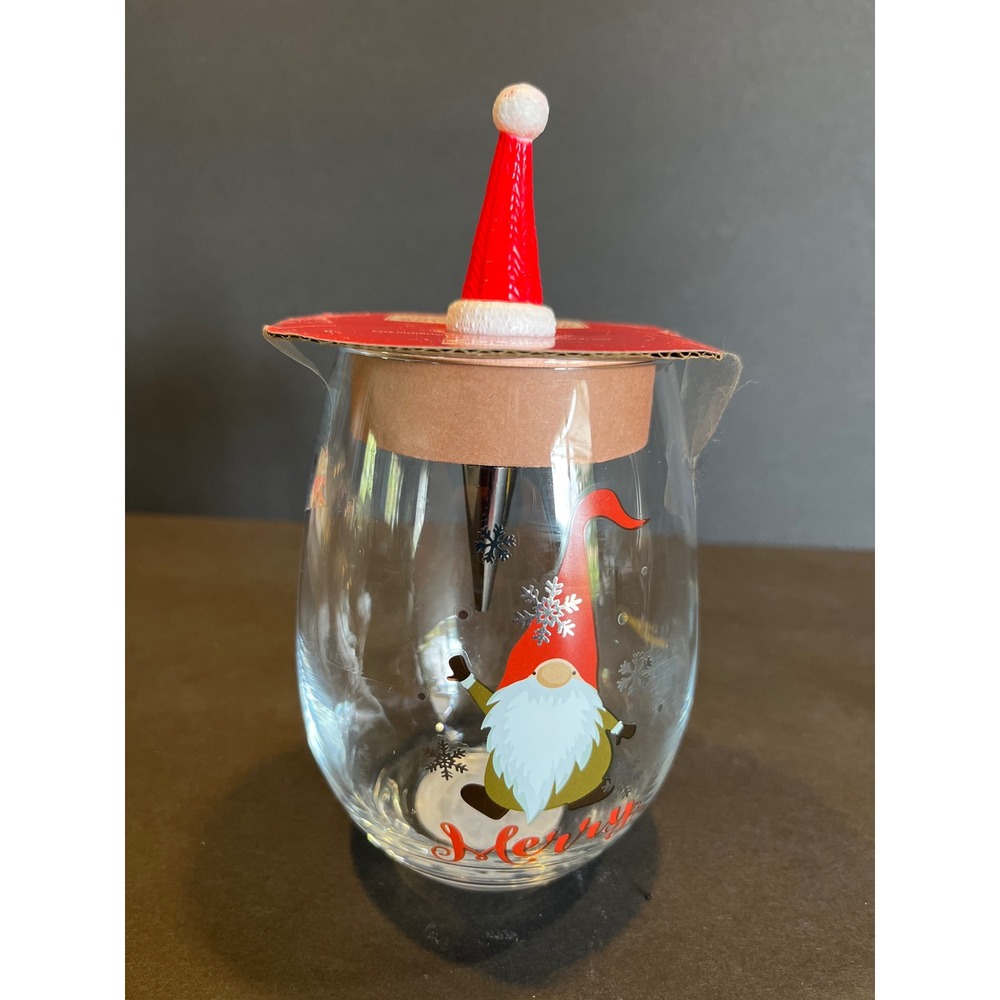 Holiday Time Merry Gnome Stemless Wine Glass 19oz with Santa Hat Bottle Stopper